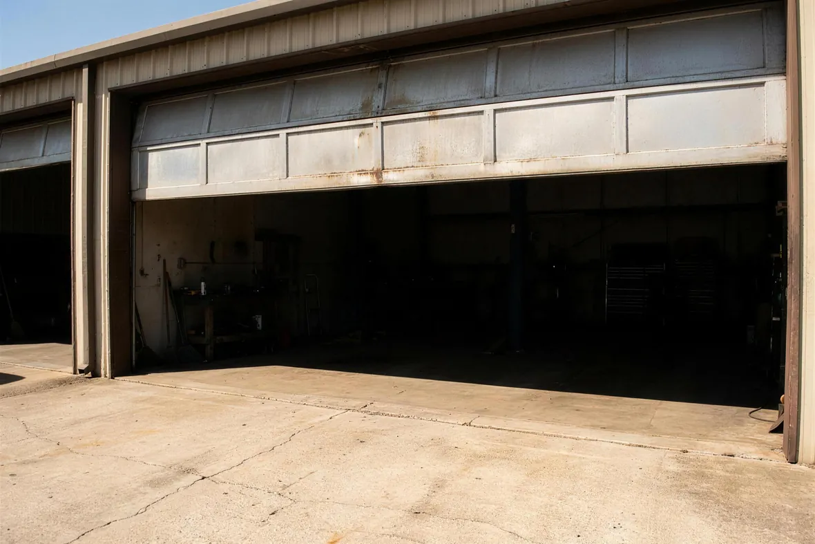 An open garage bay with the door raised and a hard shadow line at the threshold