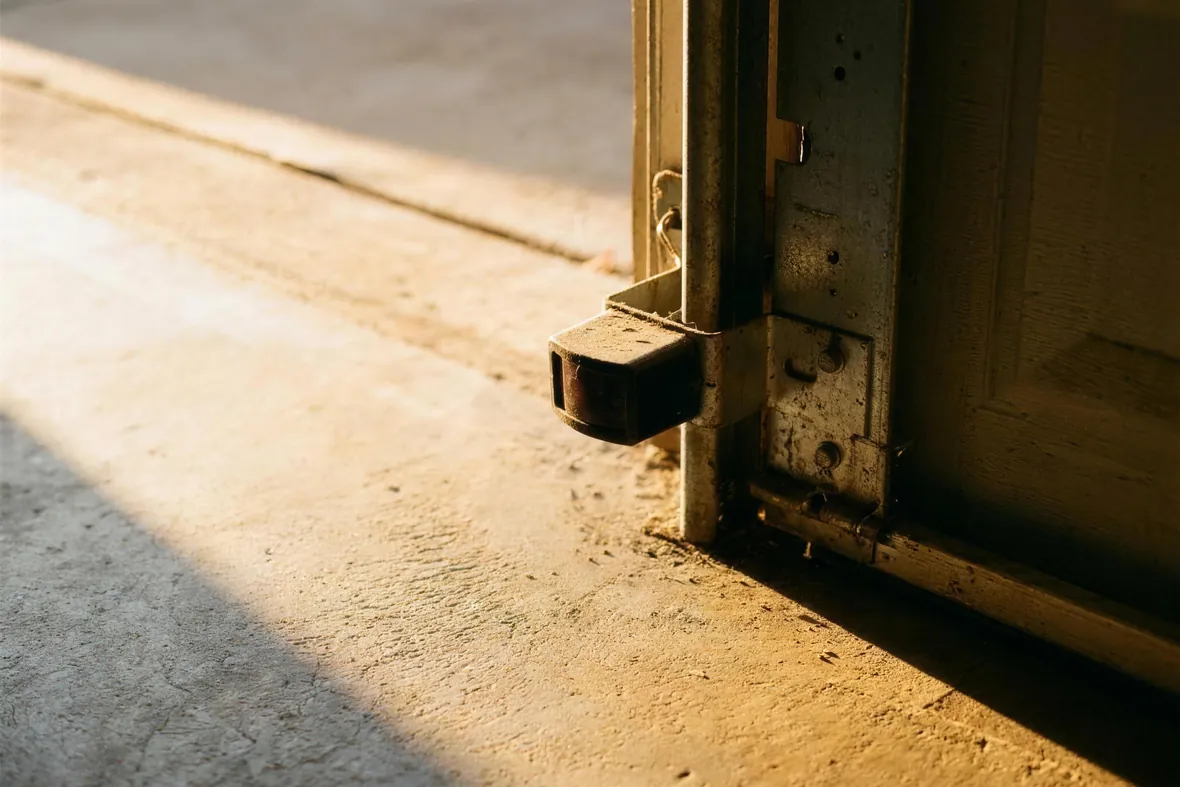 A floor-level safety photo-eye sensor on its bracket at the foot of the track