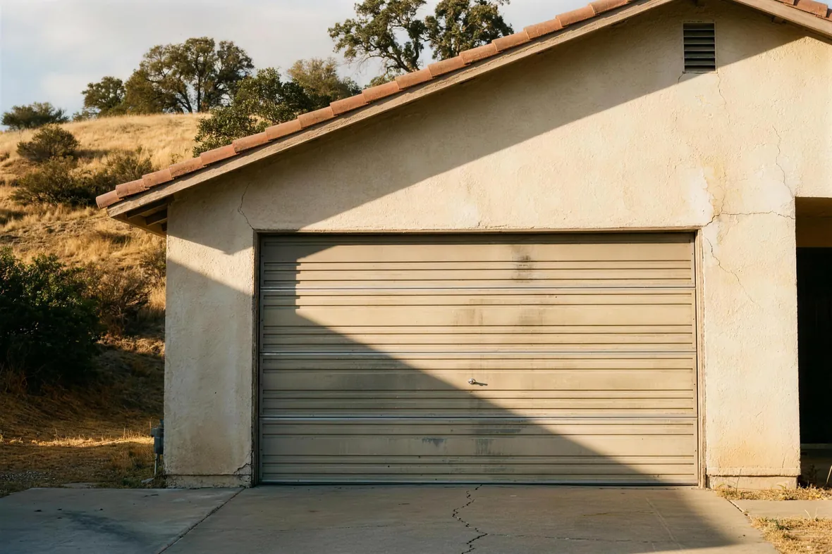 A closed sectional garage door on a west elevation, trim shadow raking across the panels