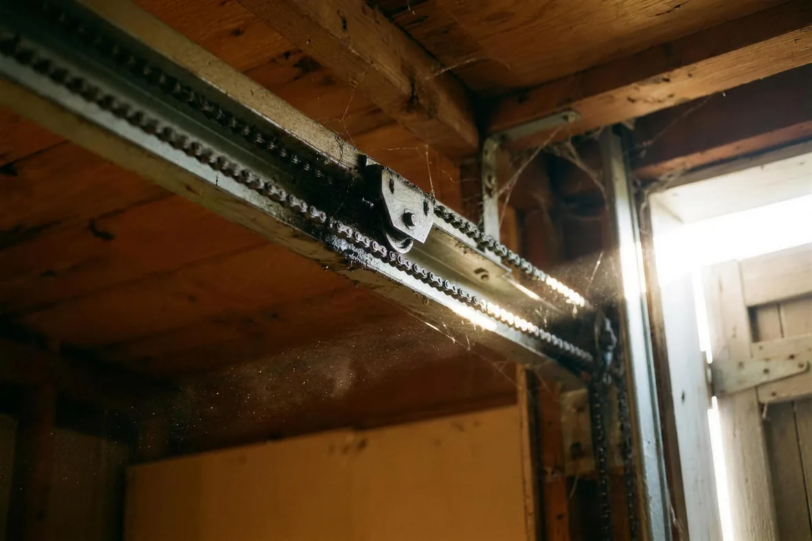 A chain-drive opener rail and trolley seen along a garage ceiling