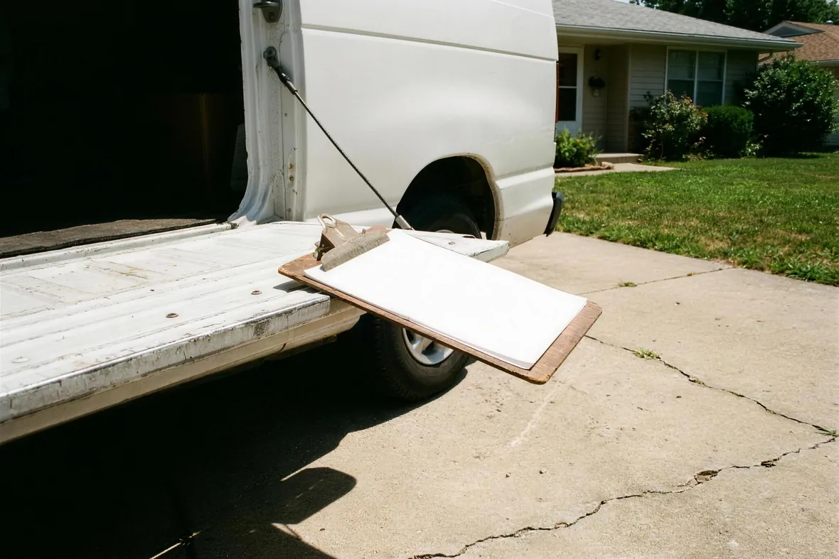 A clipboard resting on the open tailgate of a work van in a sunlit driveway