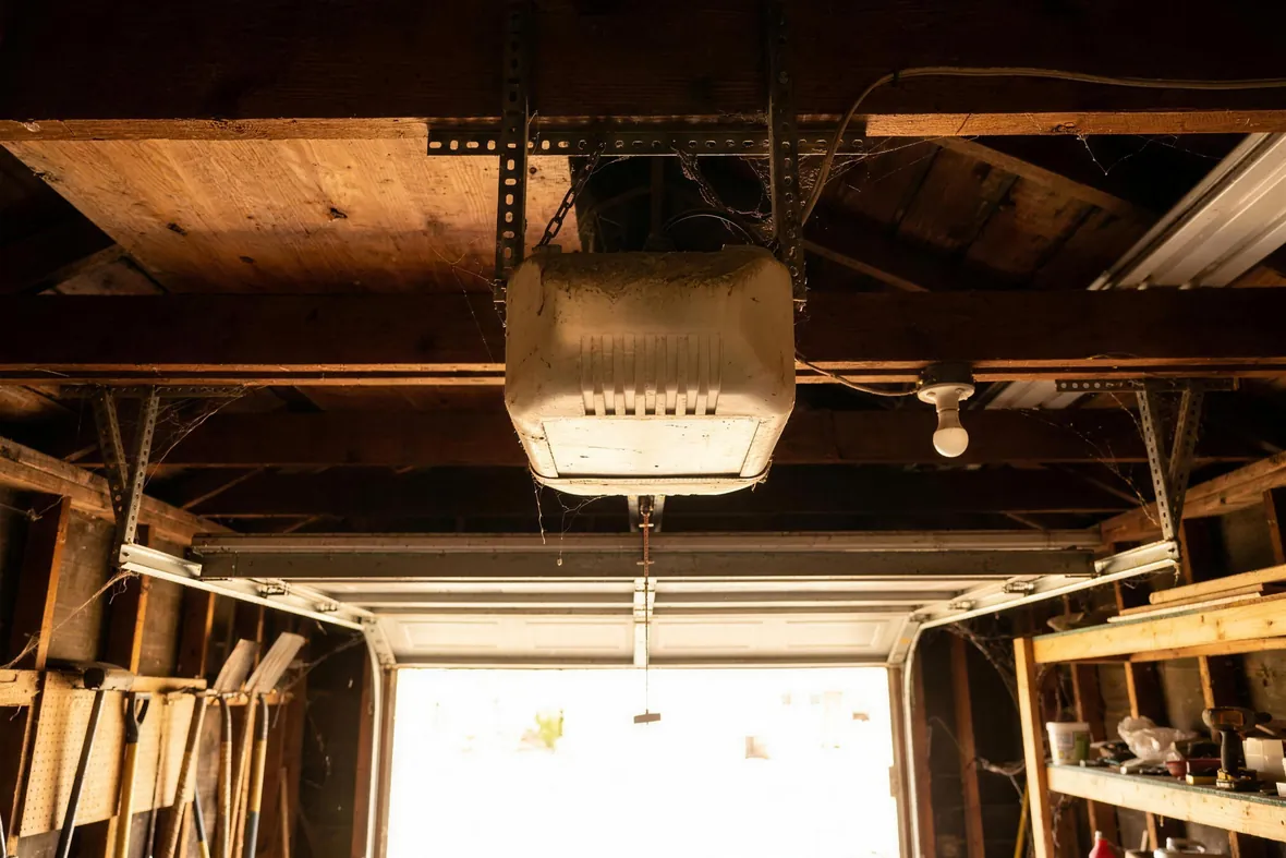 An older opener powerhead seen from below inside a garage