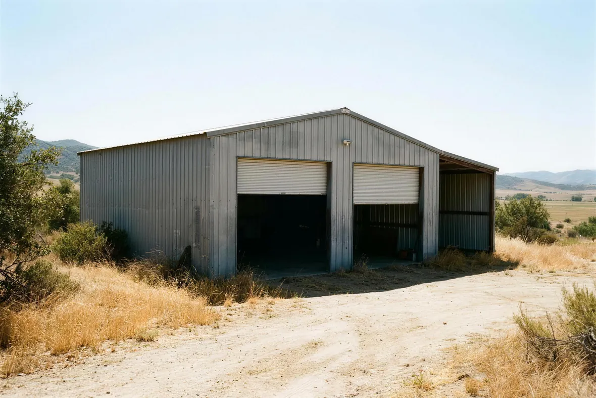 A two-bay shop building on an open semi-rural parcel