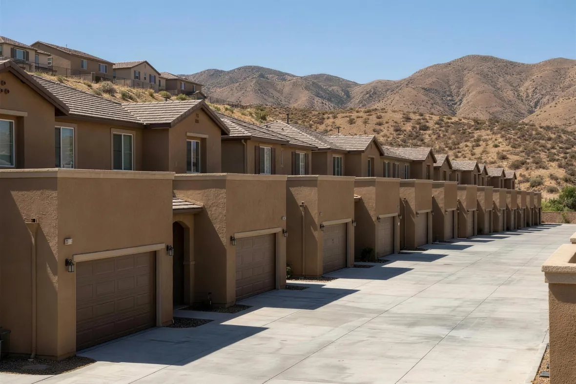 A row of uniform attached two-car garages on a modern hillside tract